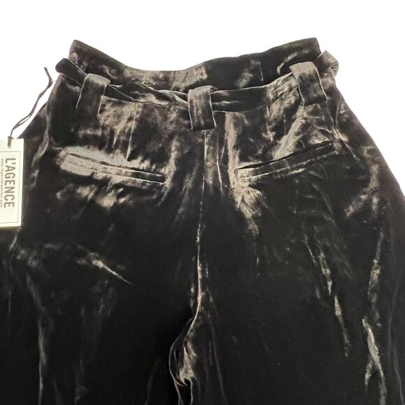 L'AGENCE Bobby Size 2 Velvet Wide Leg Paperbag Pants Black Belted Tie Waist NWT - Picture 8 of 12